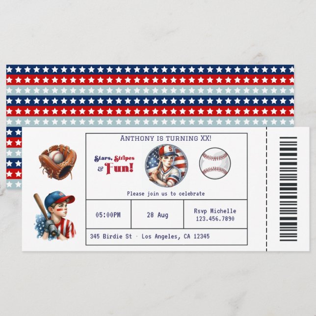 Invitation Anniversaire Billet de Baseball Garçon  (Devant / Derrière)