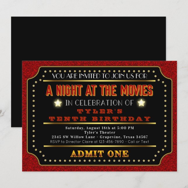 Invitation Anniversaire Billet de Cinéma (Devant / Derrière)
