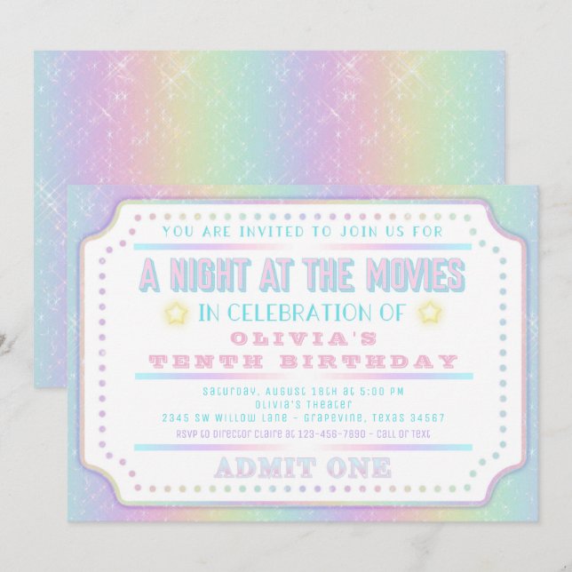 Invitation Anniversaire Billet de Cinéma Fille (Devant / Derrière)