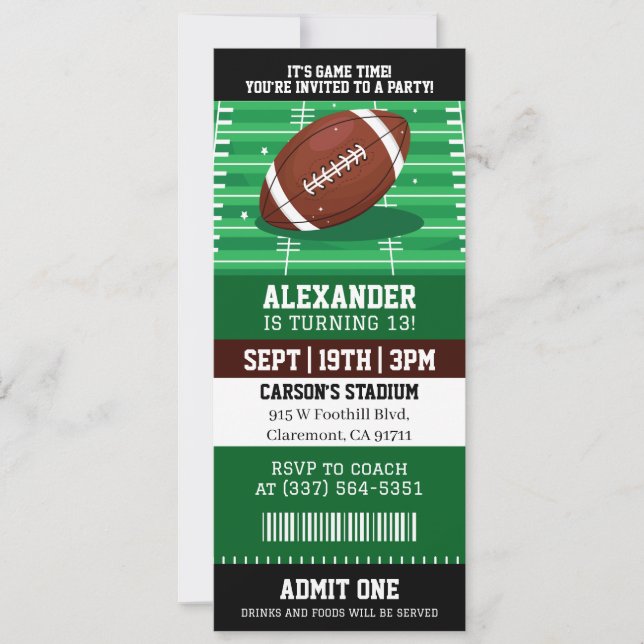 Invitation Anniversaire Billet de Football (Devant)