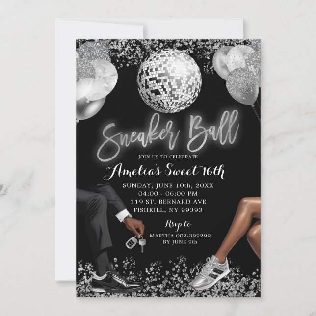 Invitation Anniversaire Black and Silver Disco Sneaker Ball (Devant)
