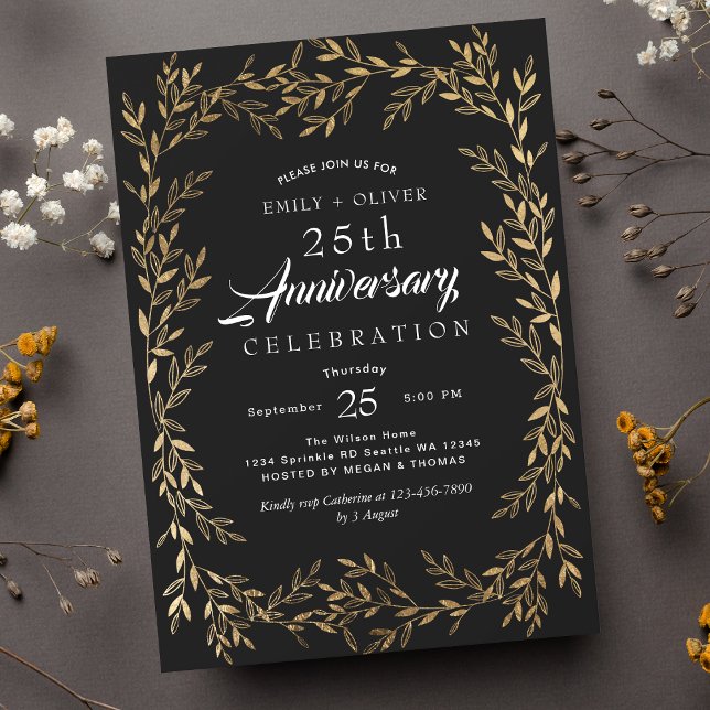 Invitation Anniversaire Black Elegant Vintage Gold Leaf (Créateur téléchargé)