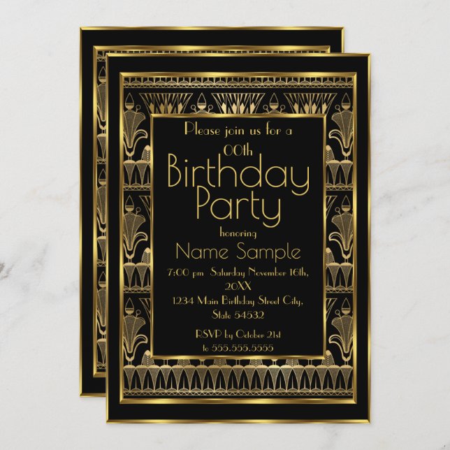 Invitation Anniversaire Black Gold Art Déco Vintage 1930 (Devant / Derrière)