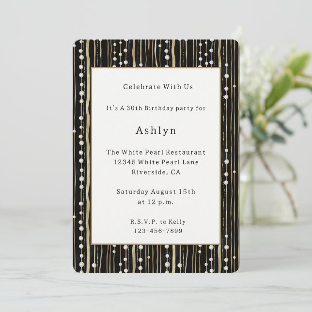 Invitation Anniversaire Black Gold White Pearls (Debout devant)