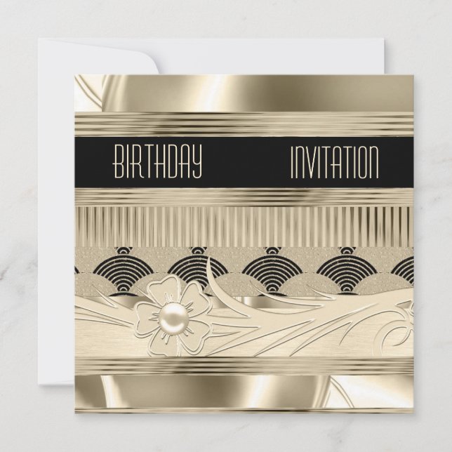 Invitation Anniversaire Black Light Gold Art Déco (Devant)