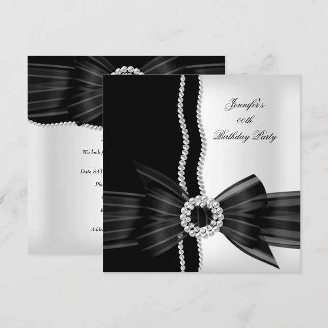 Invitation Anniversaire Black White Pearl Diamond Image (Devant / Derrière)