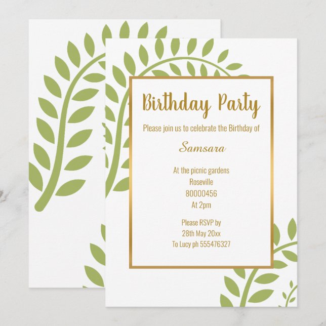 INVITATION ANNIVERSAIRE BLANC DE FERN BOTANIQUE VERT MODERNE (Devant / Derrière)