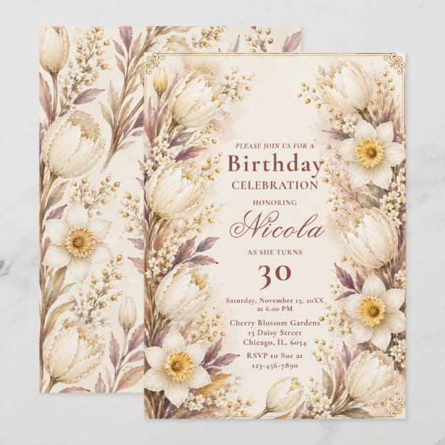 Invitation Anniversaire Blanc et Champagne (Devant / Derrière)
