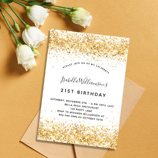 Invitation Anniversaire blanc or parties scintillant élégant