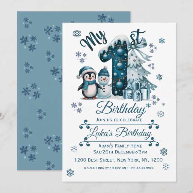 Invitation Anniversaire Bleu 1ère Noël (Devant / Derrière)
