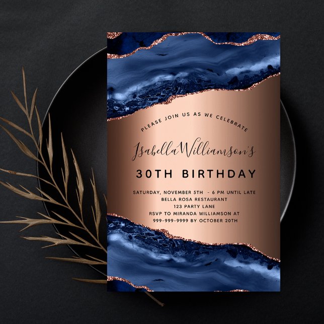 Invitation Anniversaire bleu agate marbre rose or (Créateur téléchargé)