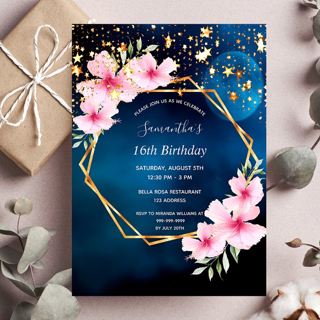 Invitation Anniversaire bleu ciel étoiles or geo rose floral (Créateur téléchargé)