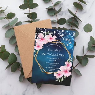 Invitation Anniversaire bleu ciel étoiles rose floral or géom