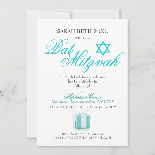 Invitation Anniversaire bleu de bat mitzvah de thème de mode (Devant)