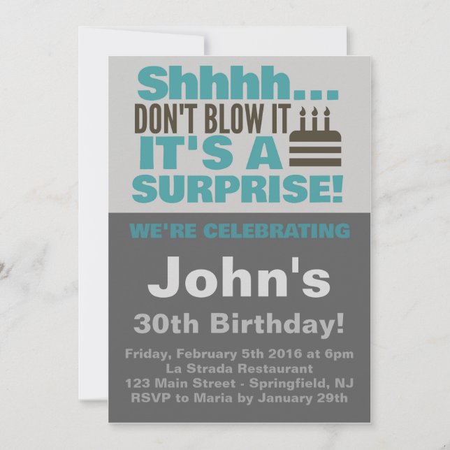 Invitation Anniversaire bleu de la Surprise Cake Party (Devant)