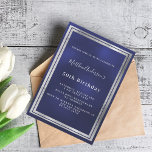 Invitation anniversaire bleu marine<br><div class="desc">Une carte d'invitation branchée et moderne de 50e anniversaire (ou de n'importe quel âge) pour hommes, hommes, hommes. Un arrière - plan bleu marine. La couleur bleue est inégale. Avec un faux cadre argenté. Personnalisez et ajoutez votre nom et les détails de votre fête. Retour : arrière - plan bleu...</div>