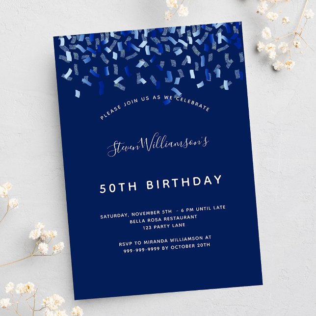 Invitation Anniversaire bleu marine confetti homme gars (Créateur téléchargé)