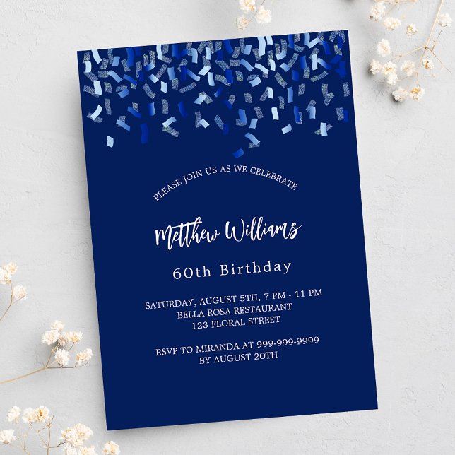 Invitation Anniversaire bleu marine confetti homme gars fête (Créateur téléchargé)