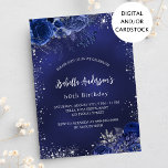 Invitation Anniversaire bleu marine fleurs argent éclat<br><div class="desc">Un arrière - plan bleu marine,  décoré de parties scintillant faux argentées,  brille et florale bleue. La couleur bleue est inégale. Personnalisez et ajoutez un nom et des détails du parti.</div>
