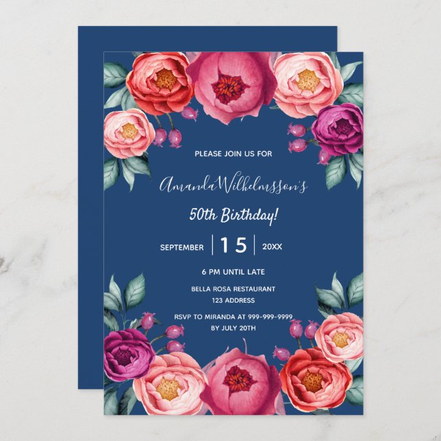 Invitation Anniversaire bleu marine floral rose rose pourpre (Devant / Derrière)