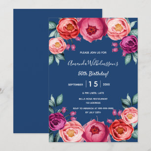 Invitation Anniversaire bleu marine floral rose rose pourpre