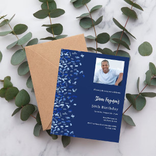 Invitation Anniversaire bleu marine photo confetti luxe