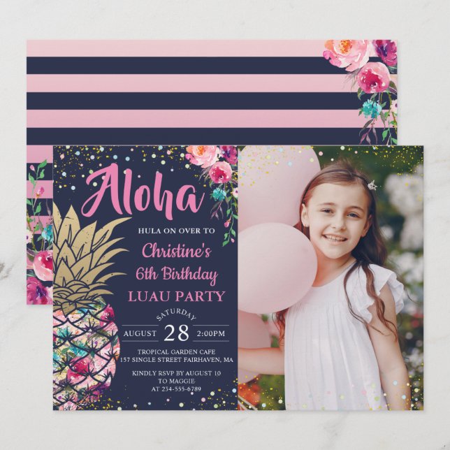 Invitation Anniversaire bleu marine Pink Tropical Pineappy Ph (Devant / Derrière)