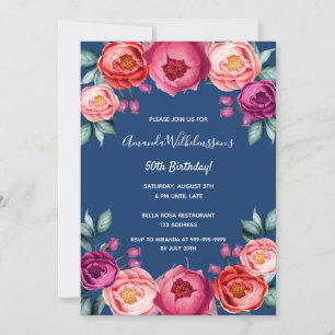 Invitation Anniversaire bleu marine rose or rousse rose flora
