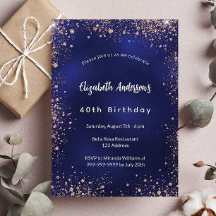 Invitation Anniversaire bleu marine rose or scintille luxe