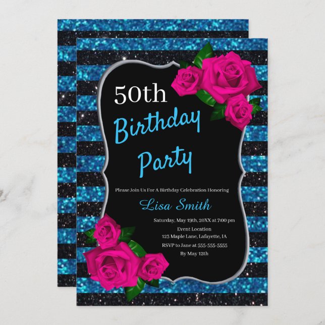 Invitation Anniversaire Bleu noir Parties scintillant Roses r (Devant / Derrière)