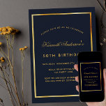 Invitation Anniversaire bleu or classique simple<br><div class="desc">Un arrière - plan bleu foncé,  un décoré d'un faux cadre doré. Personnalisez et ajoutez un nom et des détails du parti. Le nom est écrit avec un élégant script de style écrit à la main. Retour : arrière - plan bleu.</div>