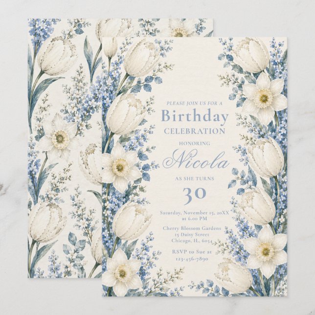 Invitation Anniversaire Bleu Poussiéreux et Blanc (Devant / Derrière)