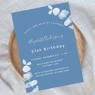 Invitation Anniversaire bleu poussiéreux eucalyptus luxe
