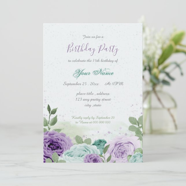 Invitation anniversaire bleu violet fleurs vert feuilles (Debout devant)