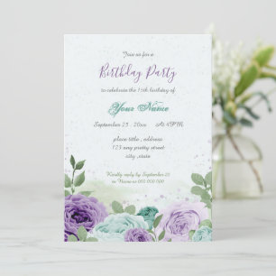 Invitation anniversaire bleu violet fleurs vert feuilles