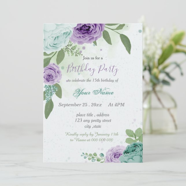 Invitation anniversaire bleu violet fleurs vert feuilles (Debout devant)
