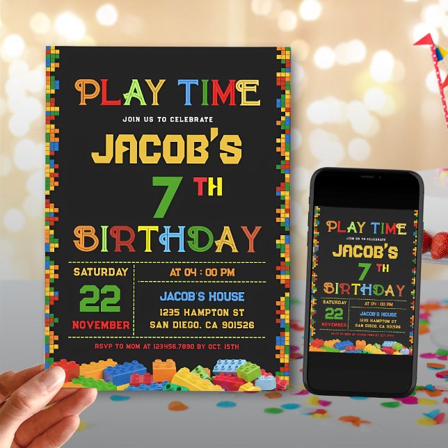 Invitation anniversaire blocs de construction colo (Créateur téléchargé)