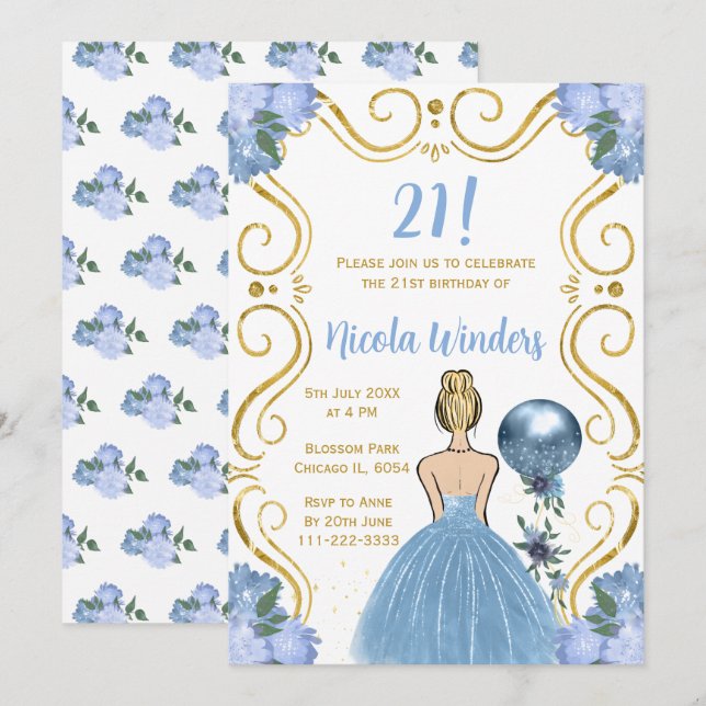 Invitation Anniversaire Blonde Princesse en bleu (Devant / Derrière)