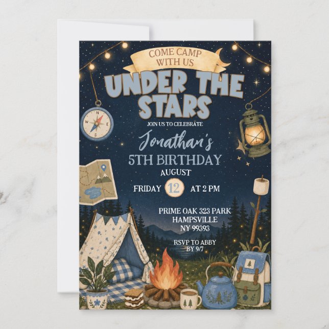 Invitation Anniversaire Blue Camp Under The Stars (Devant)