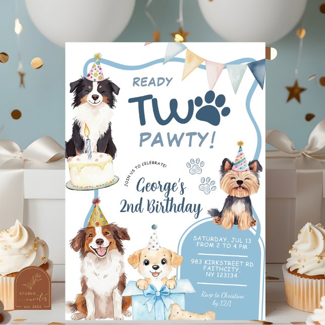 Invitation Anniversaire Blue Dog Ready Two Pawty (Créateur téléchargé)