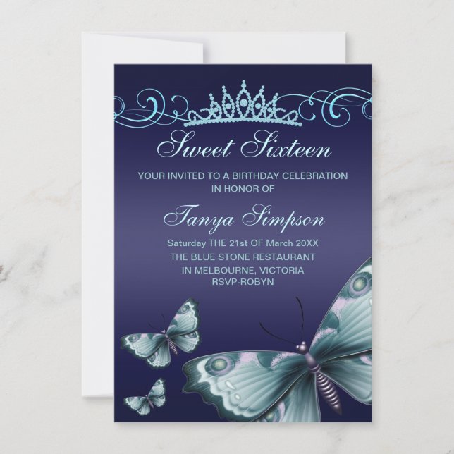 Invitation anniversaire Blue Sweet16 Papillon & Ti (Devant)