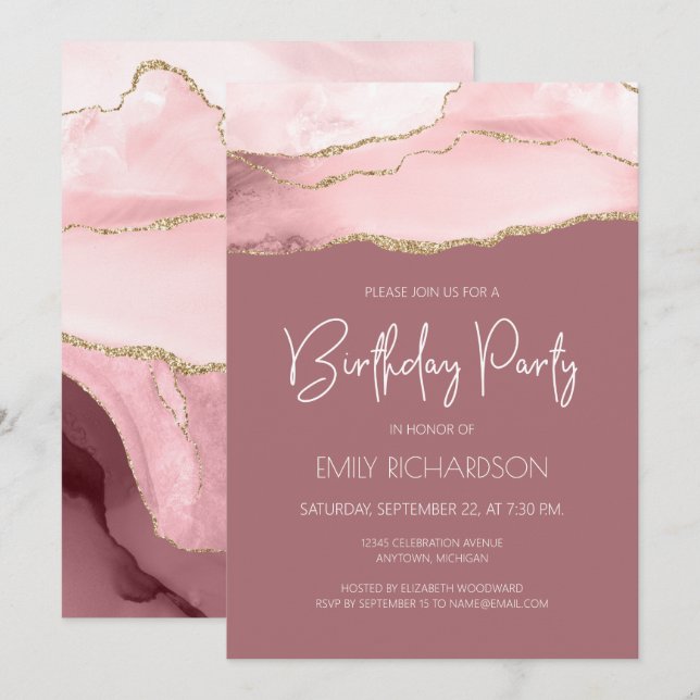 Invitation Anniversaire Blush Gold Agate Dusty Ros (Devant / Derrière)