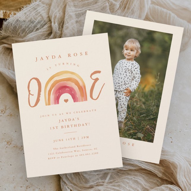 Invitation Anniversaire Bohème Arc-en-Ciel Un Premier (Boho rainbow one 1st first photo birthday party invitation.)