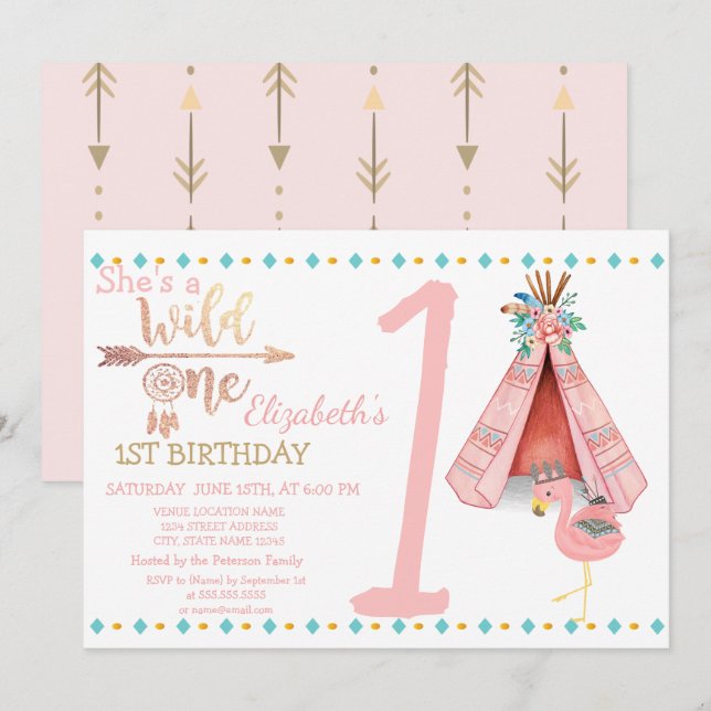 Invitation anniversaire Bohème Flamingo, Flèches,  (Devant / Derrière)