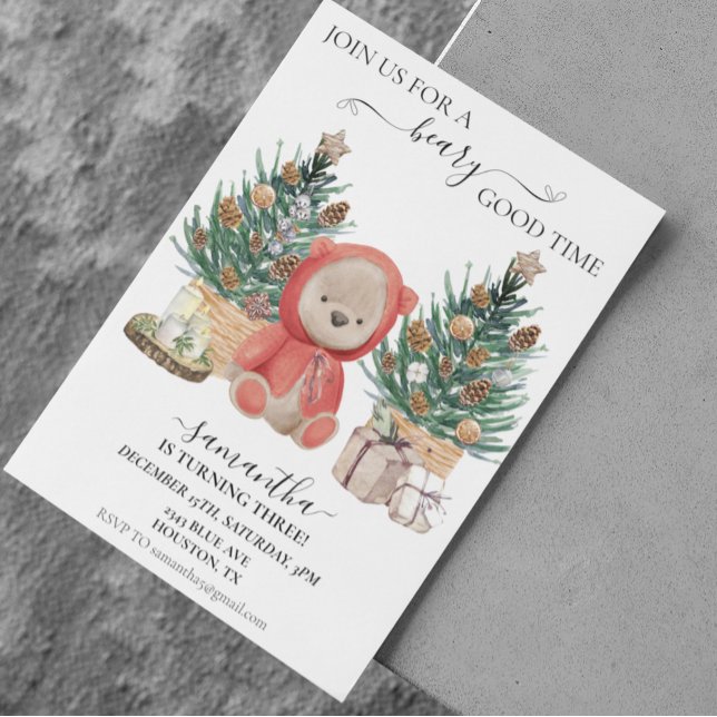 Invitation Anniversaire Boho Teddy Bear Noël (Créateur téléchargé)