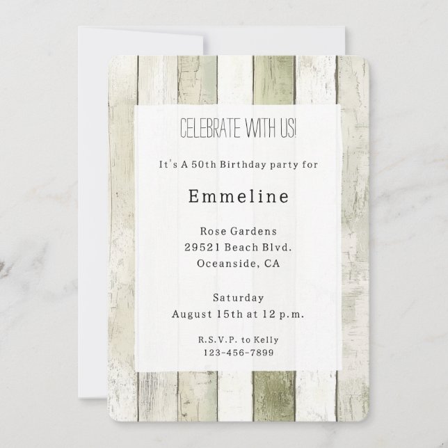 Invitation Anniversaire Bois Faux Vert Rustique Blanc (Devant)