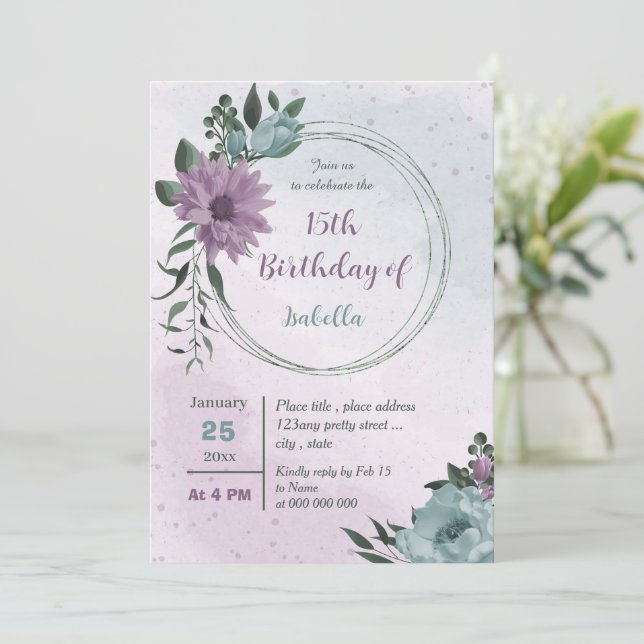 Invitation anniversaire botanique des fleurs bleues violettes (Debout devant)