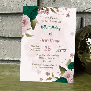 Invitation anniversaire botanique des fleurs rose vert émerau