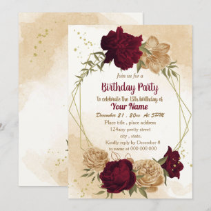 Invitation Anniversaire botanique en or beige vert marron