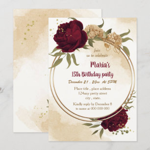 Invitation Anniversaire botanique en or beige vert marron